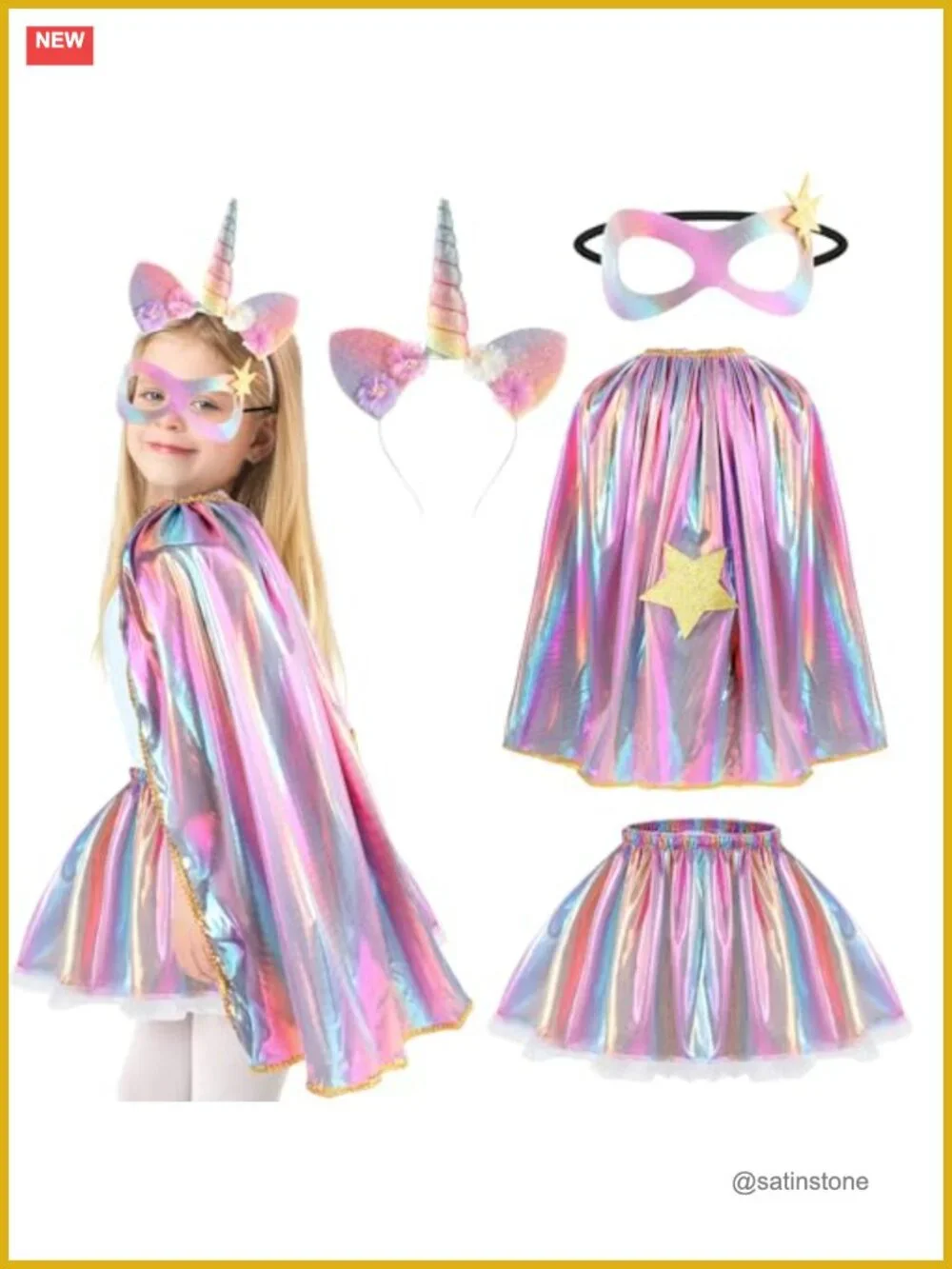 Rainbow Unicorn Tutu Skirt Set with Cape Headband Mask for Girls Princess Dress
